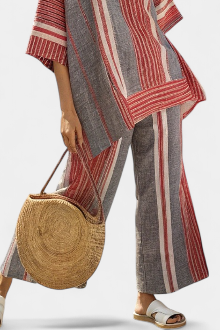 Grey wide-leg trousers with red and white vertical stripes, wide hem