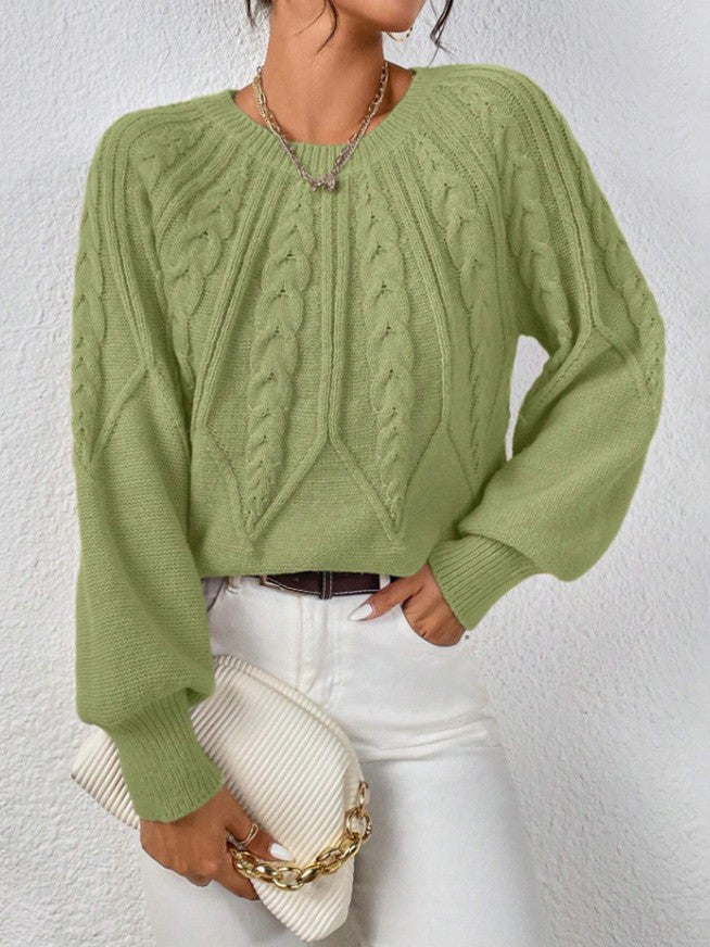 Classic comfort sweater in light green with cable knit texture, crew neck, long sleeves