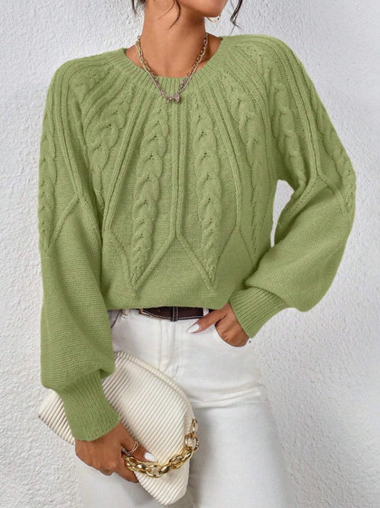Classic comfort sweater in light green with cable knit texture, crew neck, long sleeves