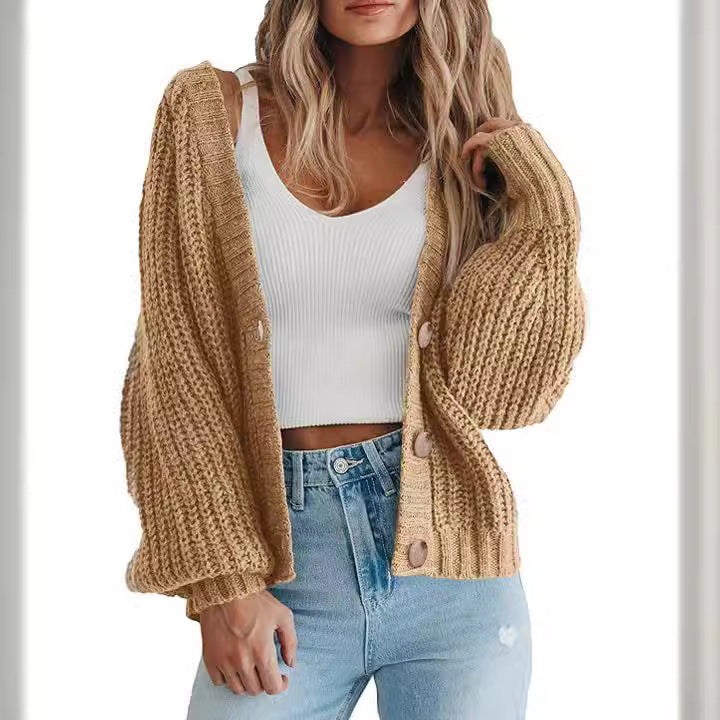 Cozy knit cardigan sweater, tan, open front with button placket and ribbed cuffs