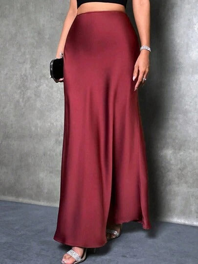 Satin high-waist maxi skirt, burgundy, smooth drape and long skirt length