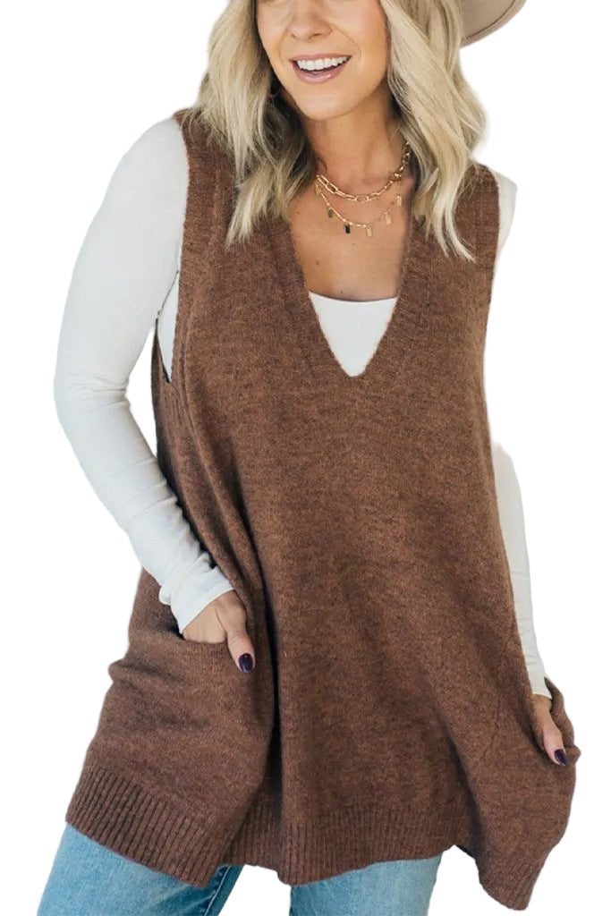 Brown knit sleeveless tunic vest with V-neck and side pockets, hip-length hem