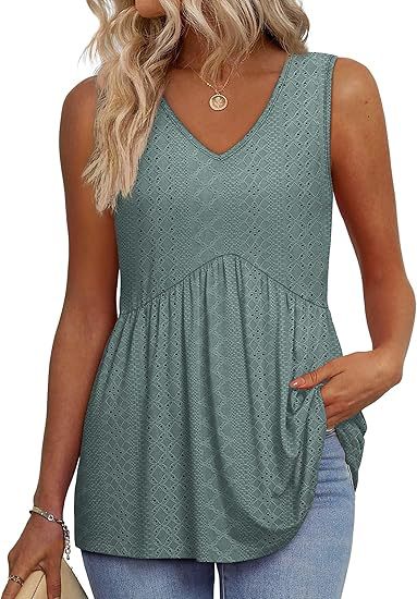 Teal green patterned sleeveless V-neck flowy tank top with gathered waist and ruffled hem