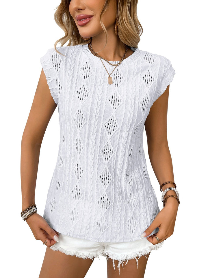 White women’s lightweight knit tee with short sleeves and diamond-textured pattern