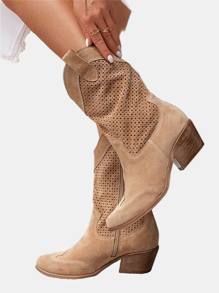 Tan perforated ankle boots with block heel and side pull tab