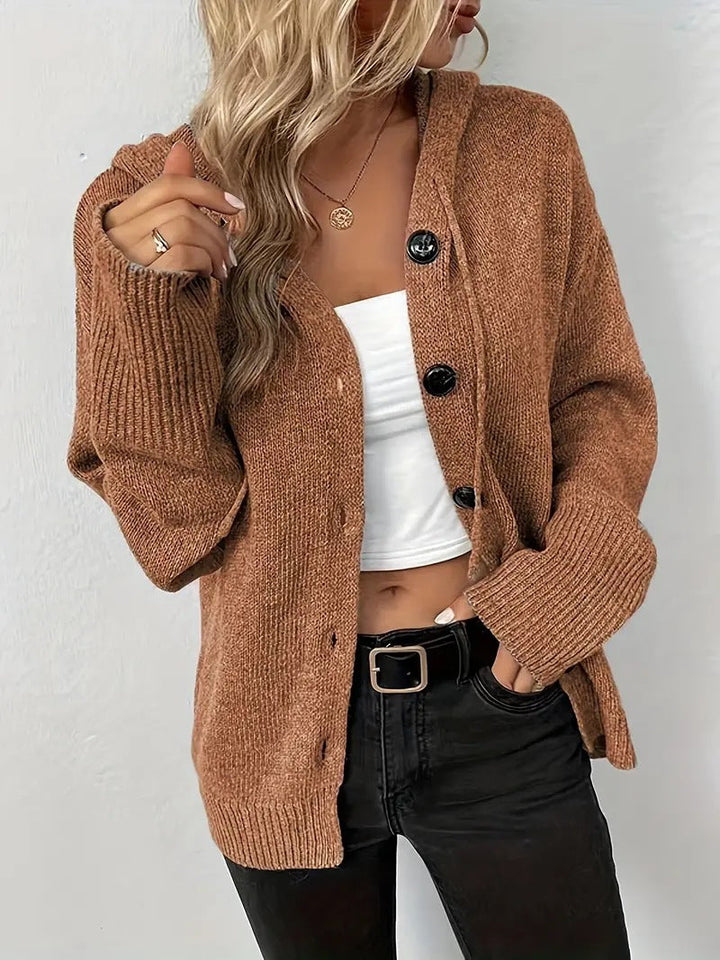 Brown hooded button-front cardigan with black buttons, ribbed cuffs