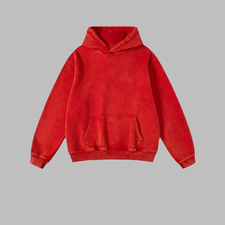 Red oversized hoodie with hood and front kangaroo pocket, ribbed cuffs and hem