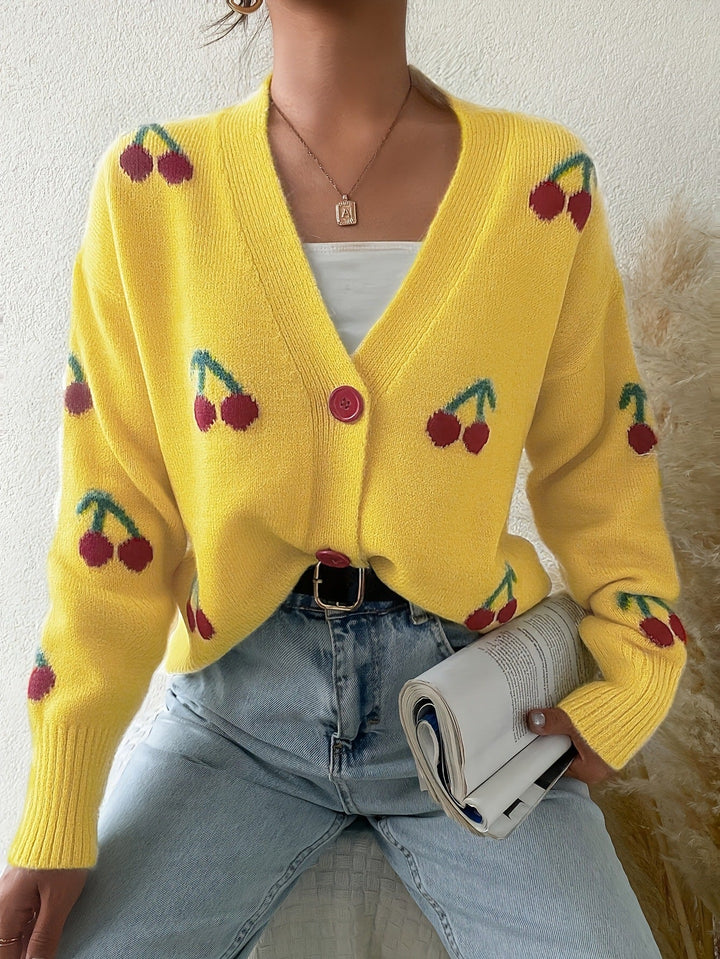 Yellow button-front long-sleeve cardigan with red cherry print and V-neck