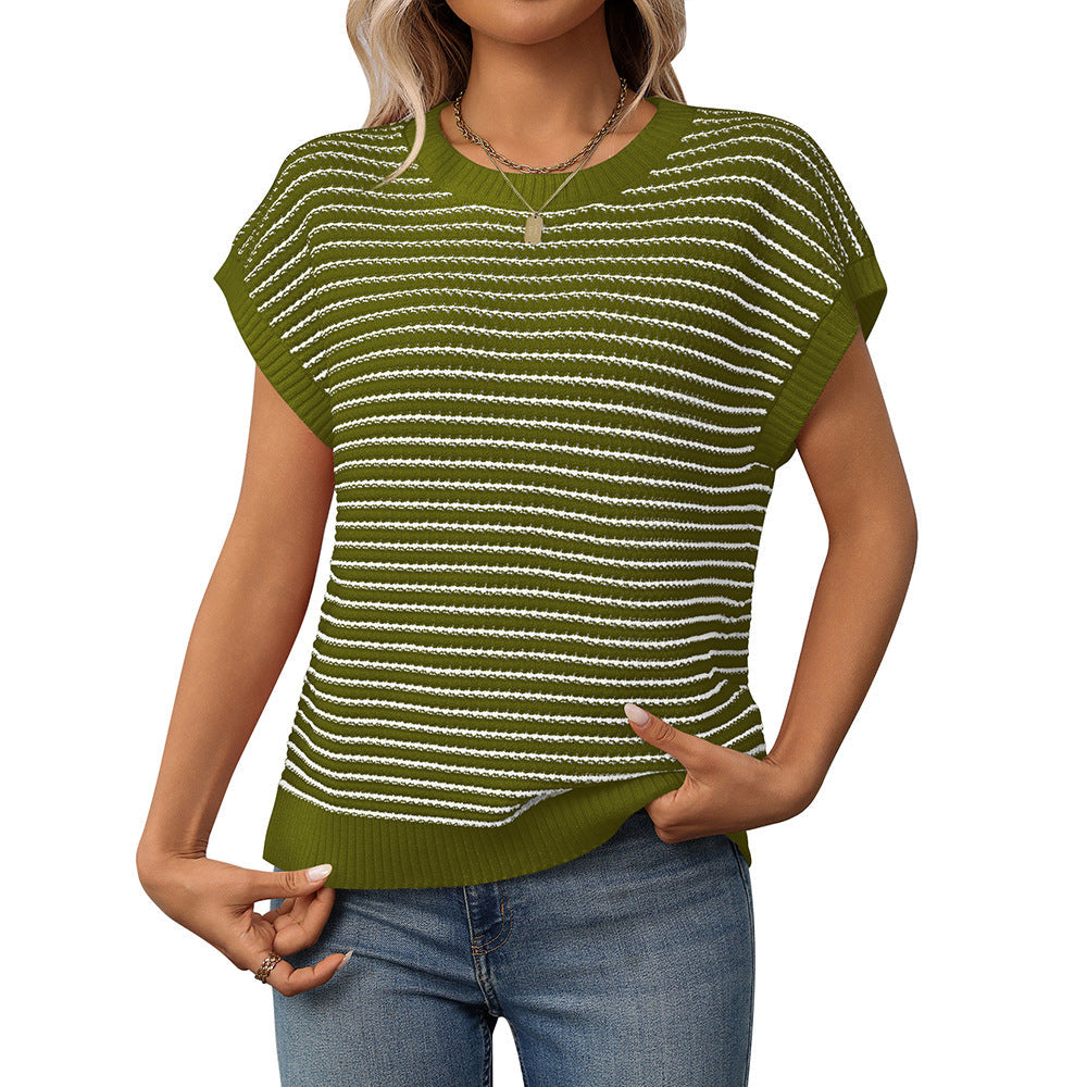 Green and white striped knit sweater with round neck, short sleeves, ribbed hem