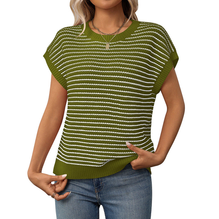 Green and white striped knit sweater with round neck, short sleeves, ribbed hem
