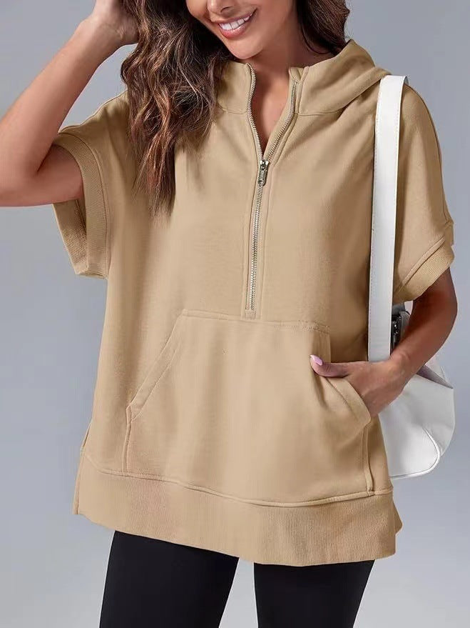 Khaki relaxed oversized half-zip summer hoodie with hood and kangaroo pocket