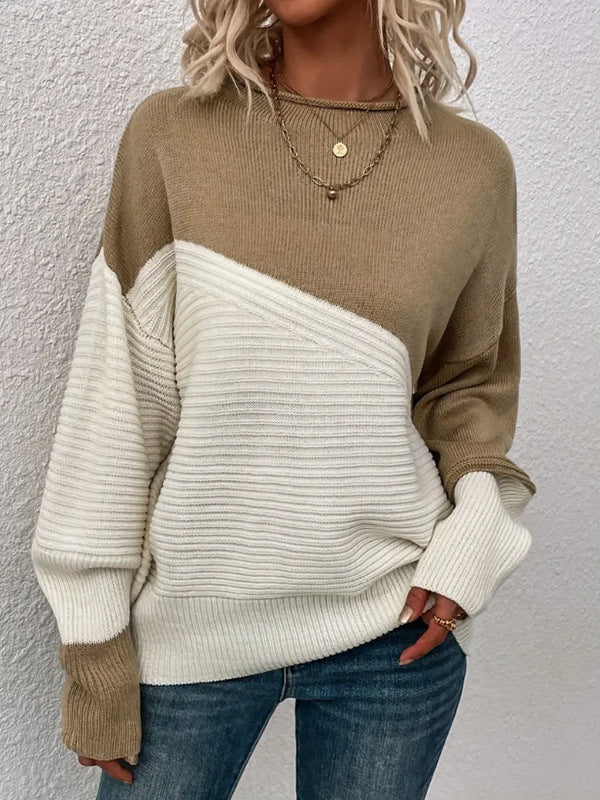 Two-tone knit sweater with round neck, long sleeves, tan and cream color block