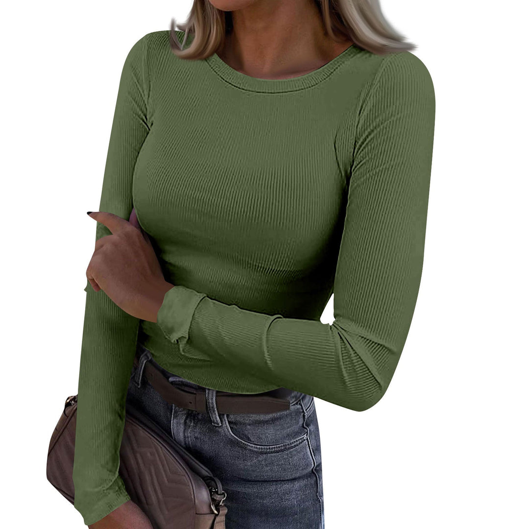 Casual crewneck ribbed long-sleeve top in army green, fitted fit, stretchy knit texture.