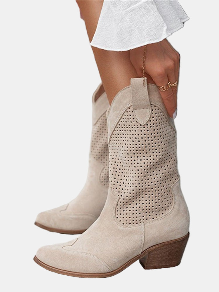 Beige perforated ankle boots with mid-calf shaft and block heel