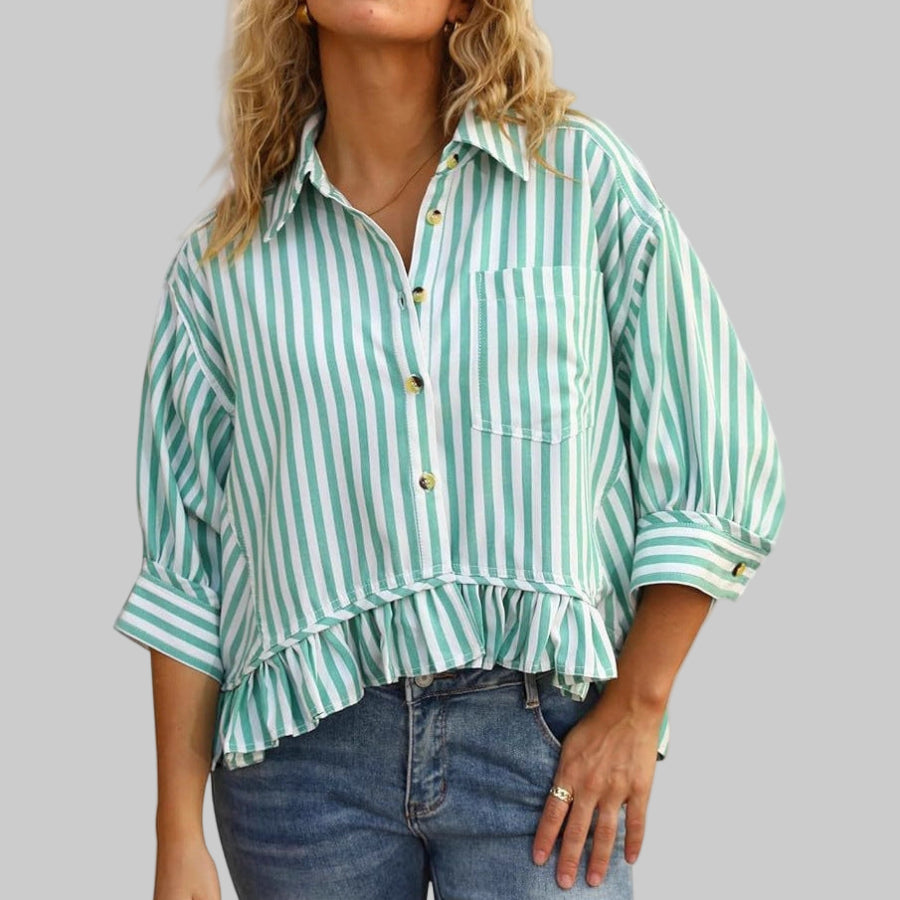 Ruffled button-down blouse, mint green & white stripes, front pocket, 3/4 sleeves