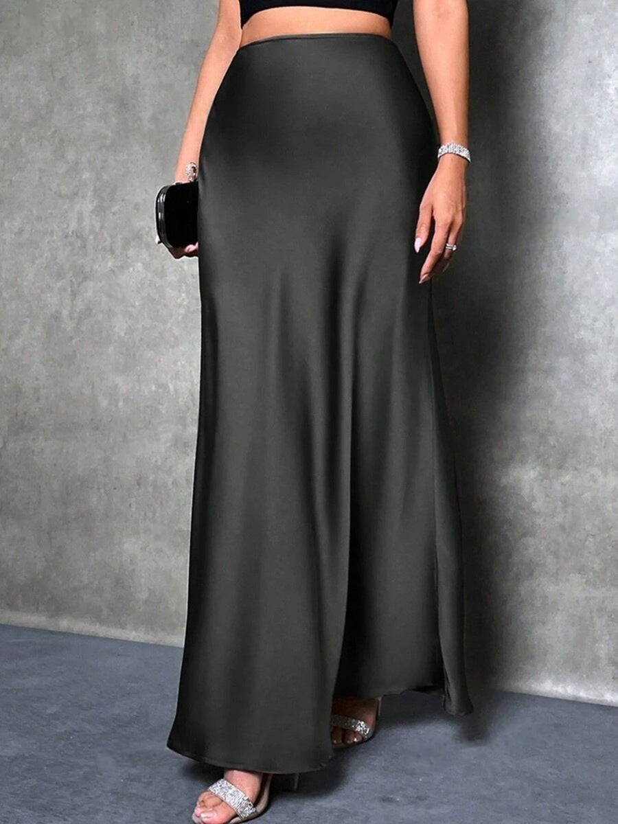 Satin high-waist maxi skirt, black, flowing drape with wide hem