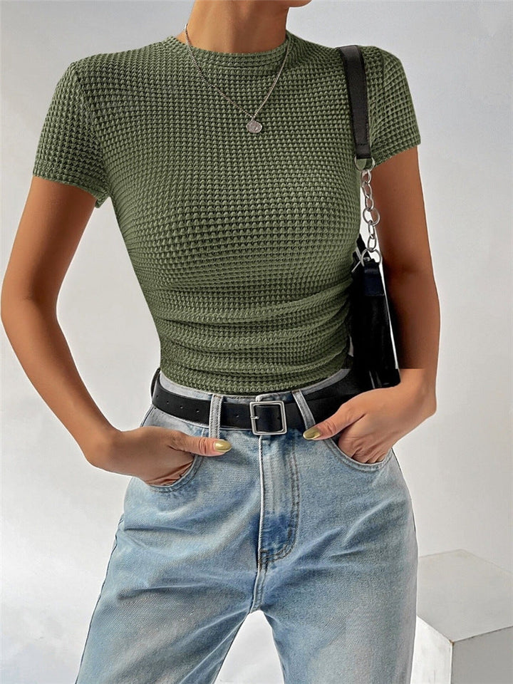 Green textured slim-fit short-sleeve tee with round neckline and small front button detail