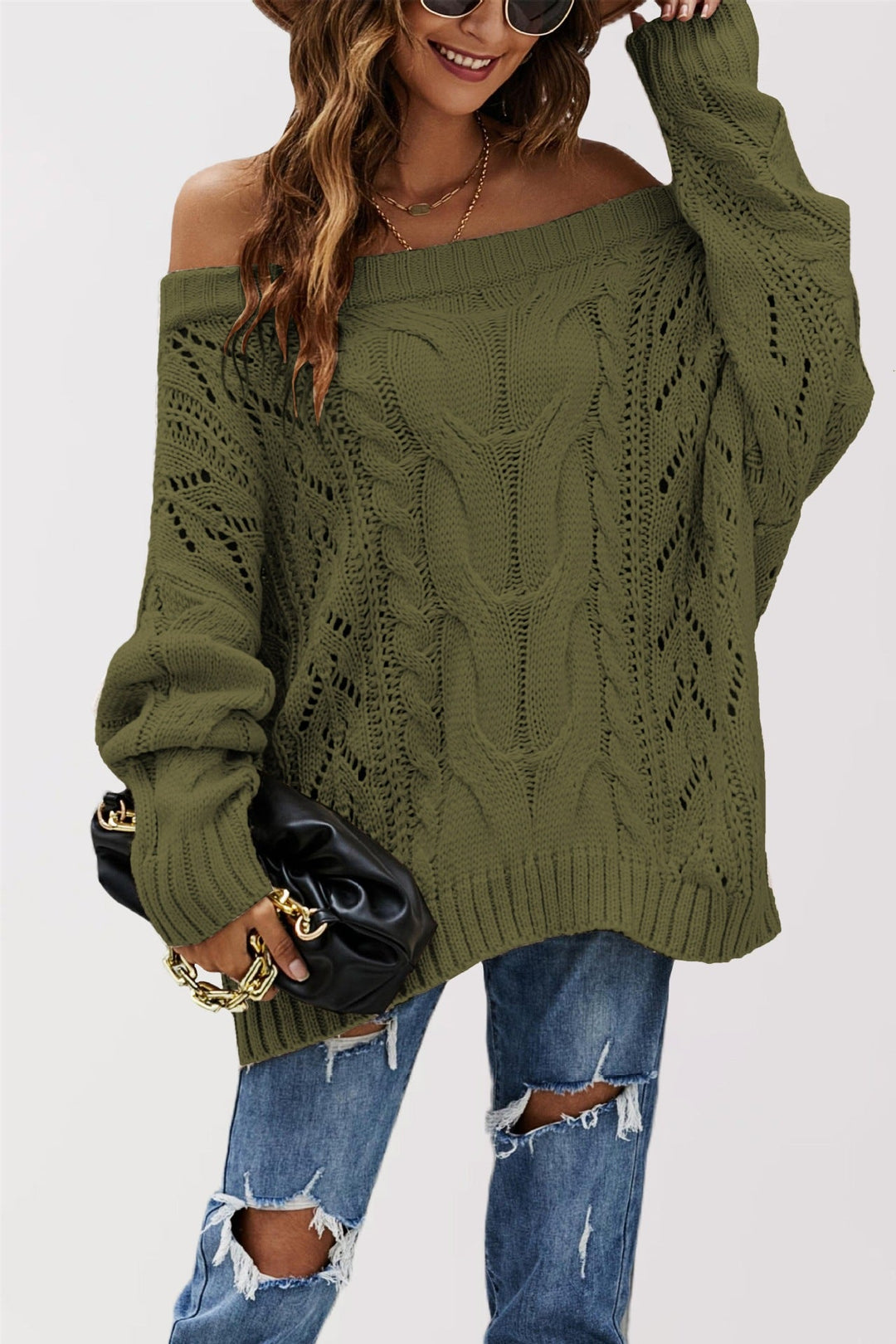Off-shoulder cable knit sweater, olive green, long sleeves with ribbed cuffs