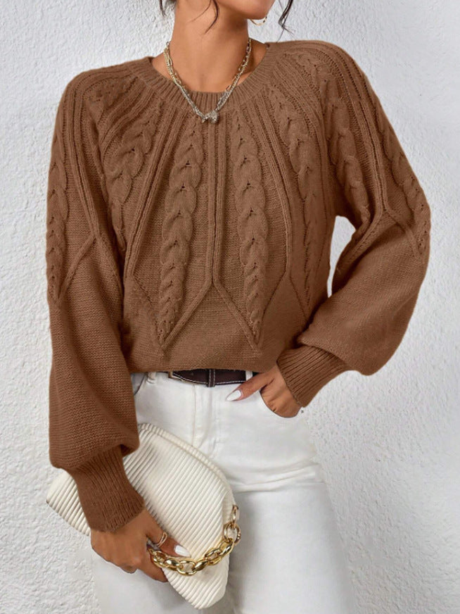 Classic comfort sweater in brown with cable knit texture, crew neck, long sleeves