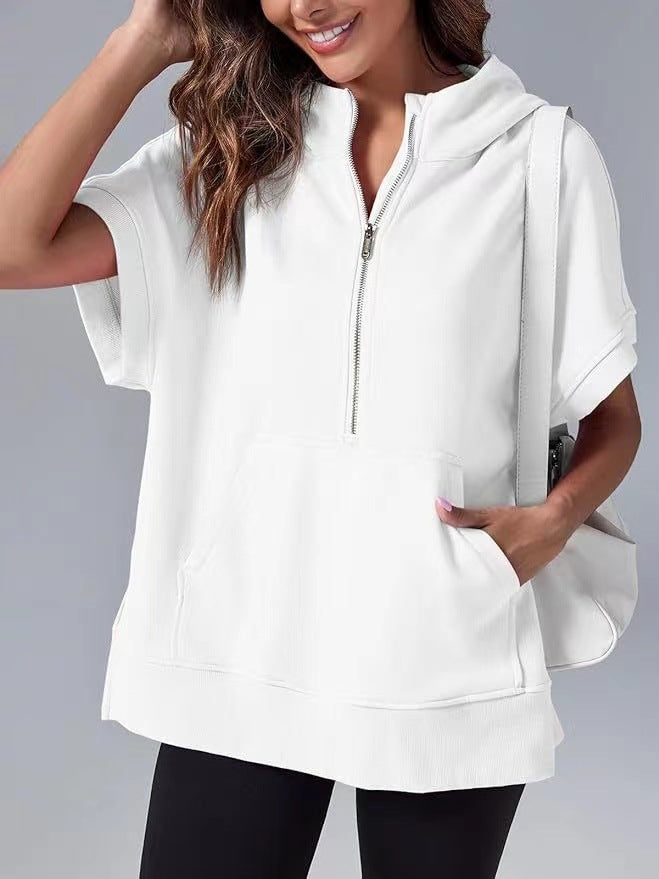 White relaxed oversized half-zip summer hoodie with hood and kangaroo pocket
