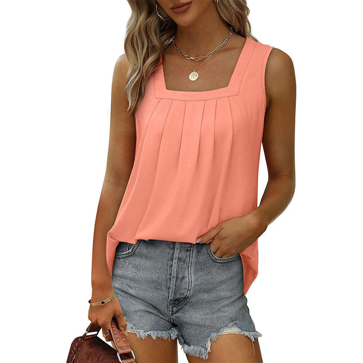 Pink sleeveless tank top with square neckline and pleated front