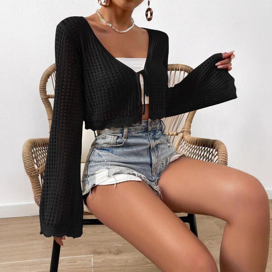 Lightweight tie-front V-neck crop cardigan, openwork knit, black