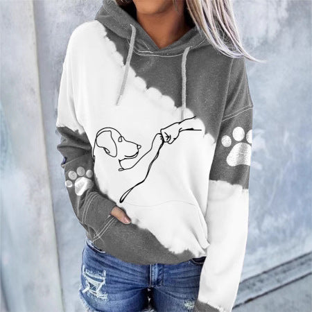 Grey and white dog graphic pet hoodie with pouch pocket, drawstring hood, paw-print sleeves