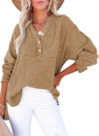 Women’s casual V-neck blouse, long sleeves, button-front, textured khaki-brown fabric