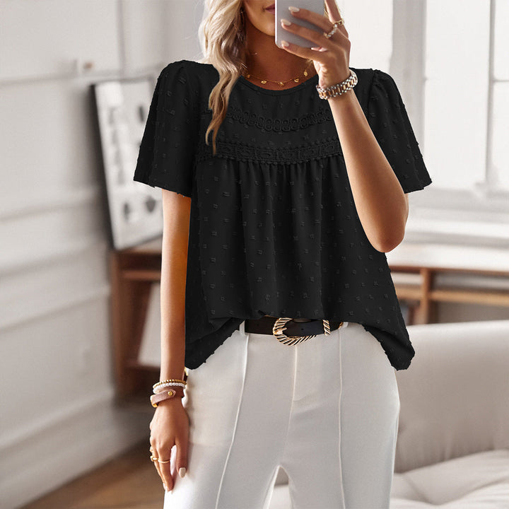 Black relaxed fit shirt with lace-trim yoke, short sleeves, and subtle allover texture