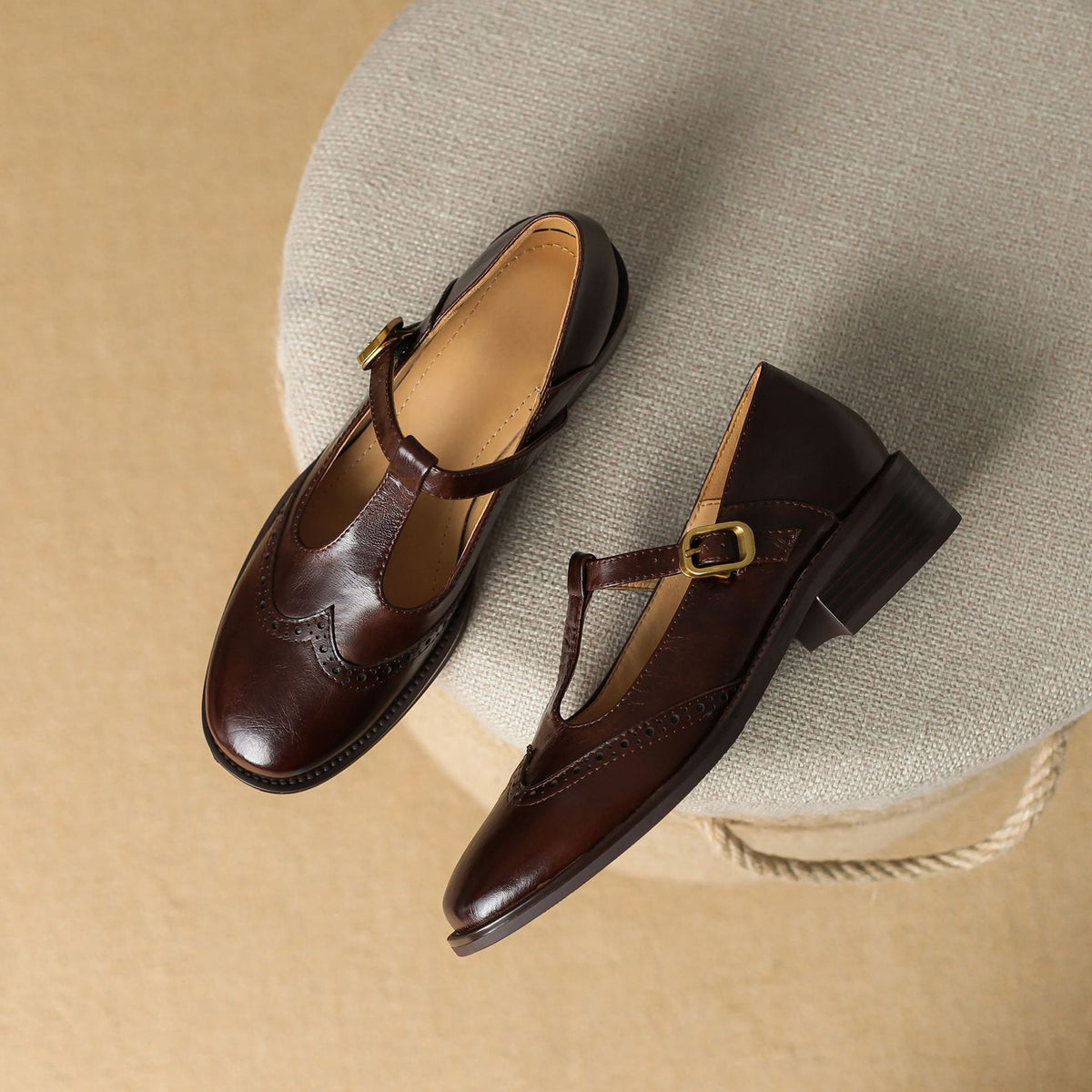 Mary Jane shoes pair in dark brown and black, each with buckle strap