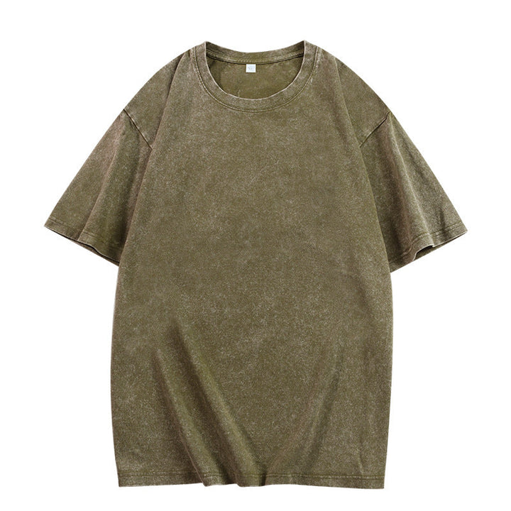 Army green loose-fit crewneck top with short sleeves and ribbed neckline
