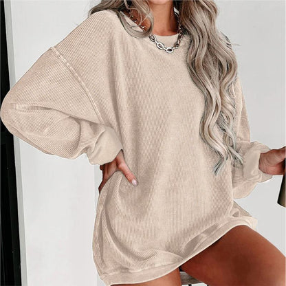 Drop-shoulder pullover sweatshirt, khaki corduroy texture, crew neck, long sleeves