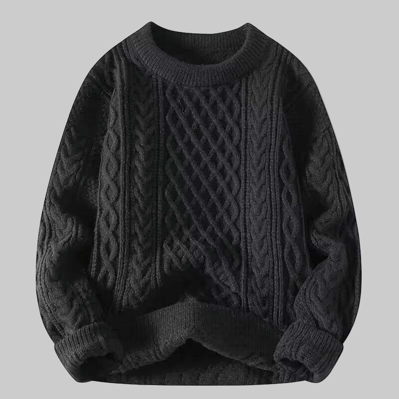 Black textured cable-knit sweater with round crew neck, long sleeves, ribbed cuffs