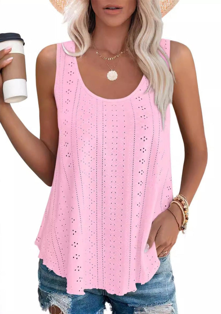 Pink lightweight summer tank top with scoop neck and eyelet detail, sleeveless