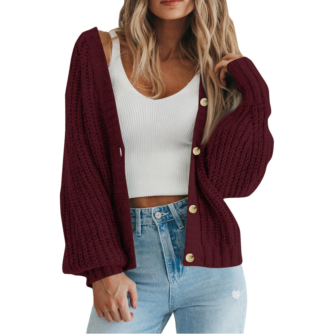 Cozy knit cardigan sweater, deep wine red, open front with button placket and ribbed cuffs