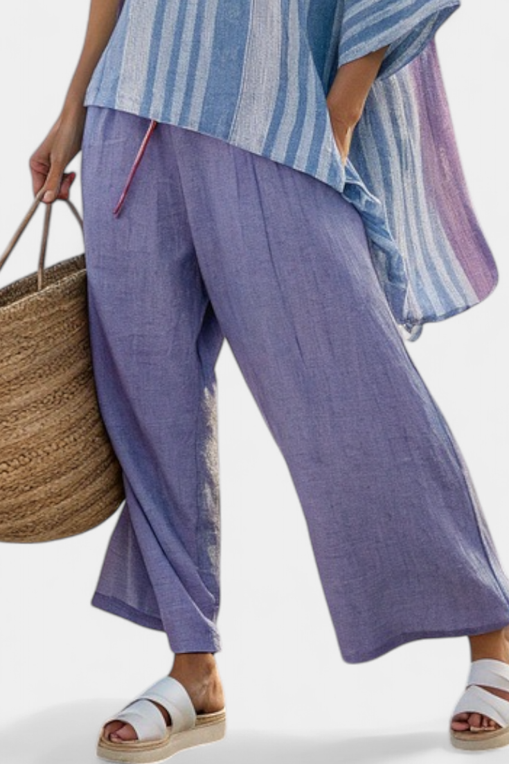 Lavender linen wide-leg trousers with side seam and relaxed drape