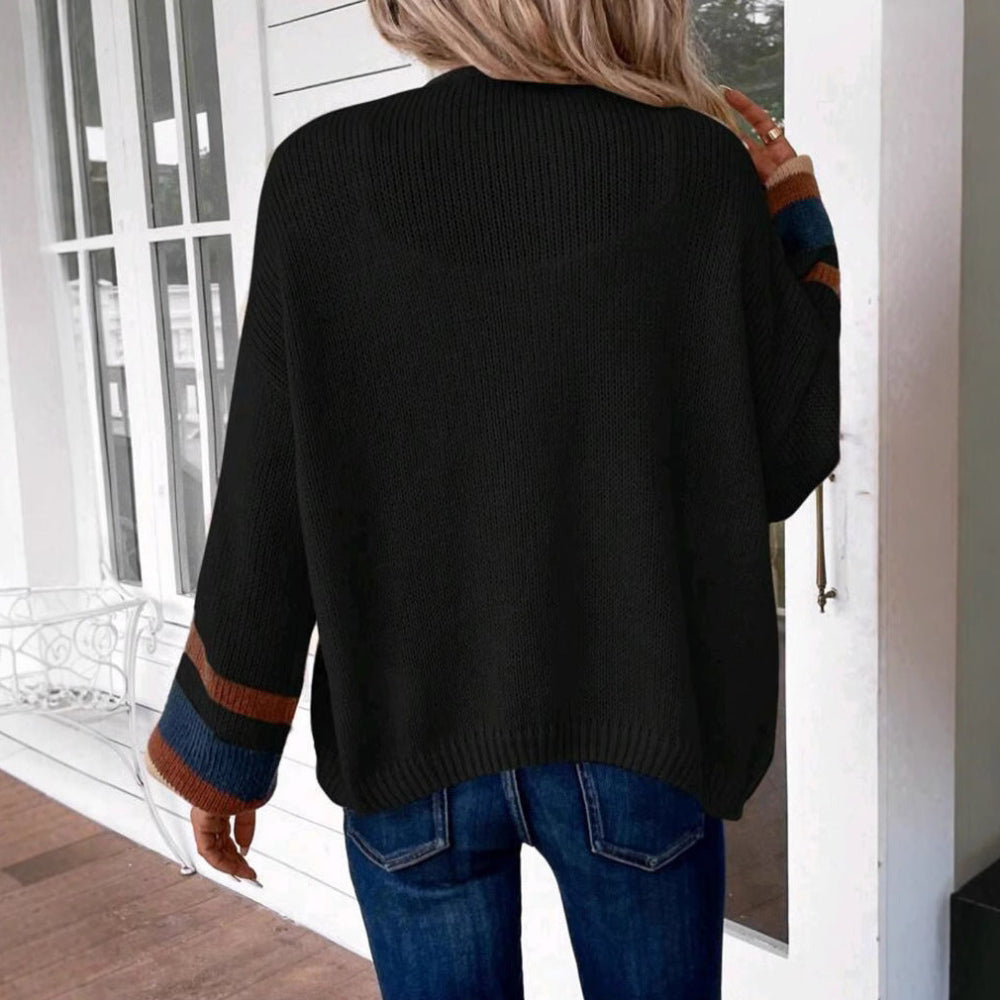 Black open-front knit cardigan, back view, with striped cuff detailing