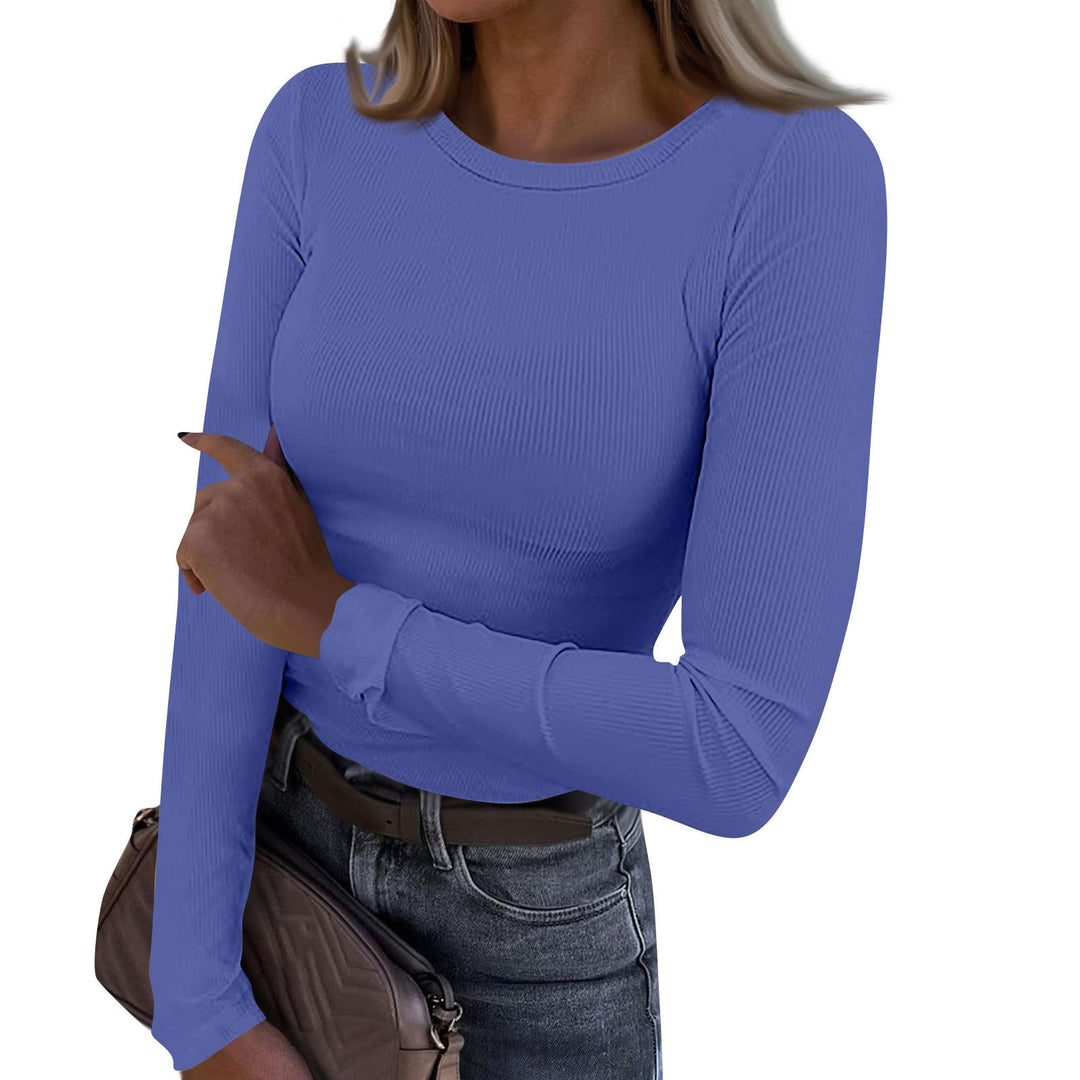 Blue ribbed crewneck top with long fitted sleeves