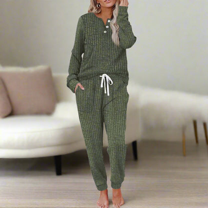 Green long-sleeve lounge set with henley button front and matching drawstring pants