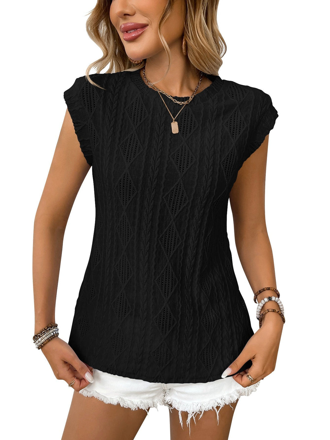 Black women’s lightweight knit tee with short sleeves and diamond-textured pattern