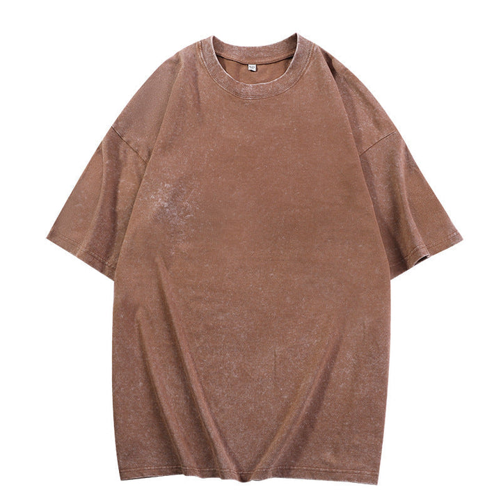 Brown loose-fit crewneck top with short sleeves and ribbed neckline