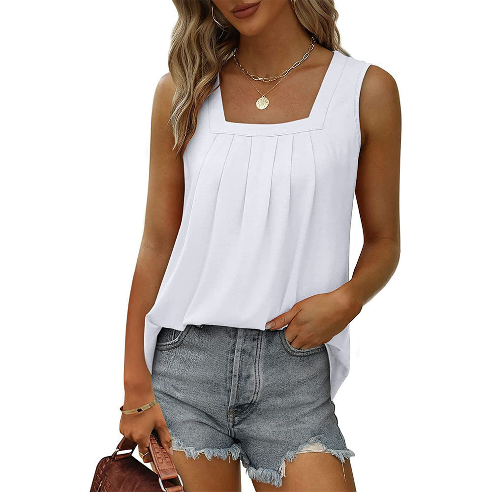 White sleeveless tank top with square neckline and pleated front