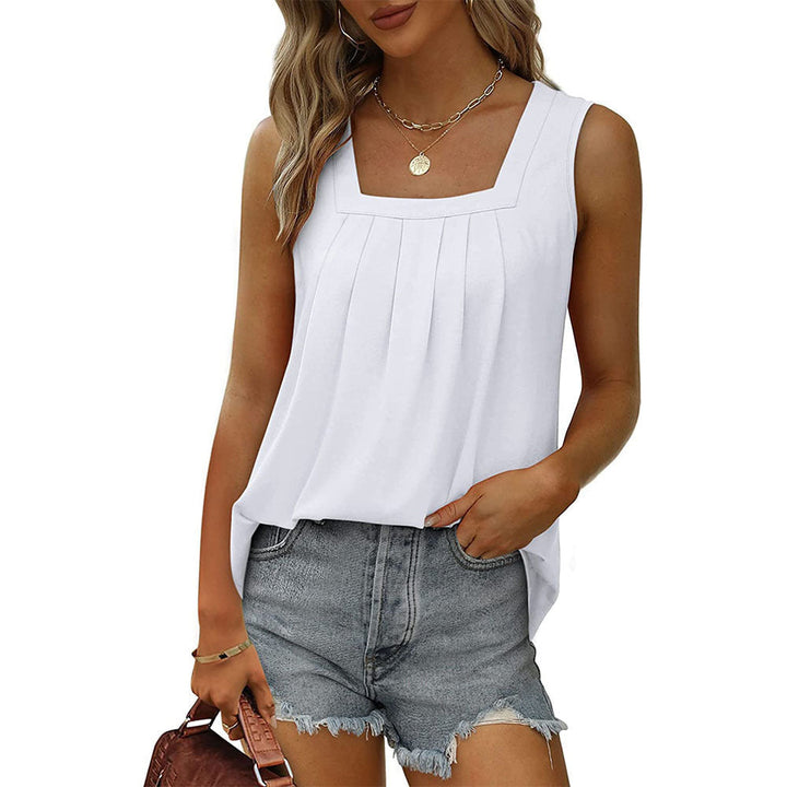 White sleeveless tank top with square neckline and pleated front