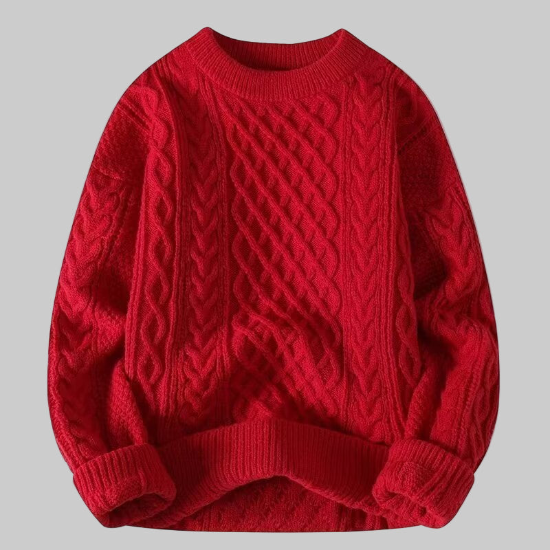 Red textured cable-knit sweater, round crew neck, long sleeves, ribbed cuffs and hem