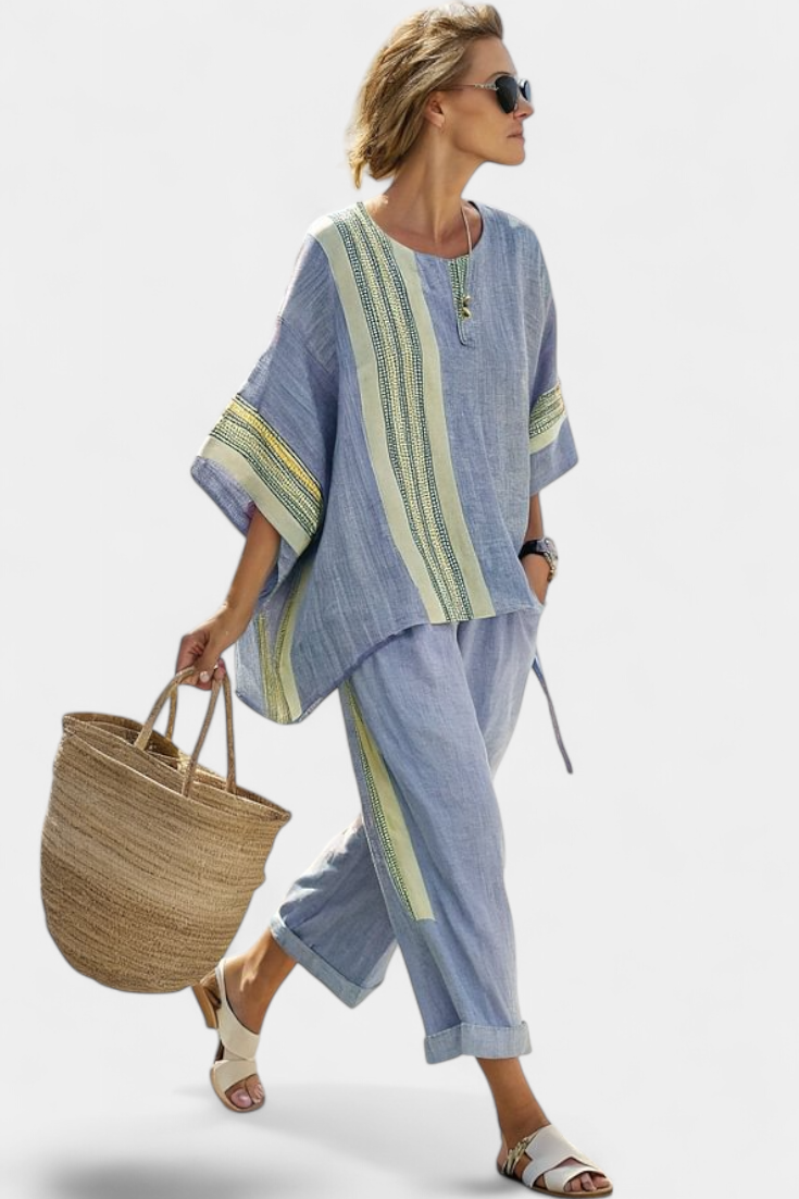 Blue tunic top with lime striped trim and matching cropped trousers