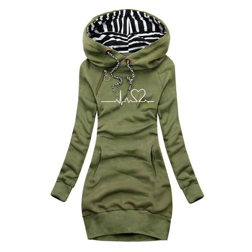 PULSE™ Cosy Heartbeat Hoodie in green, pullover with striped hood lining and heart graphic