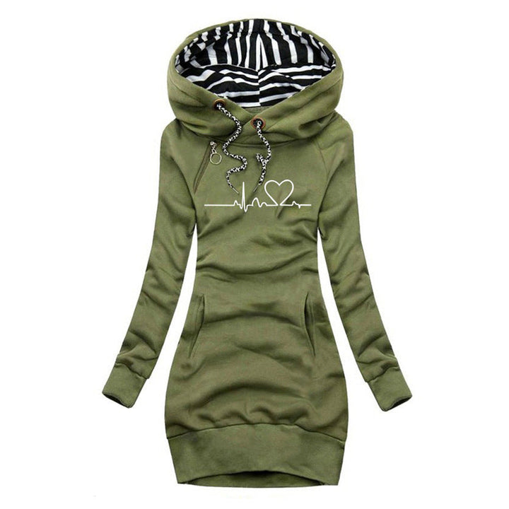 PULSE™ Cosy Heartbeat Hoodie in green, pullover with striped hood lining and heart graphic
