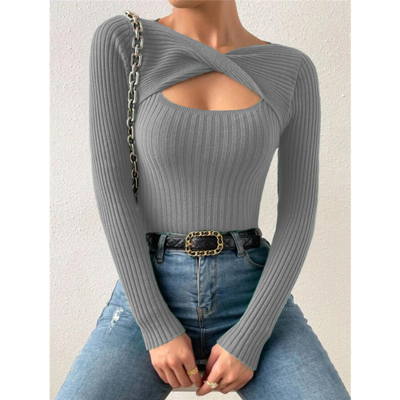 Gray ribbed knit crewneck long-sleeve pullover sweater with chest cutout