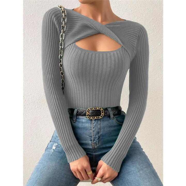 Gray ribbed knit crewneck long-sleeve pullover sweater with chest cutout