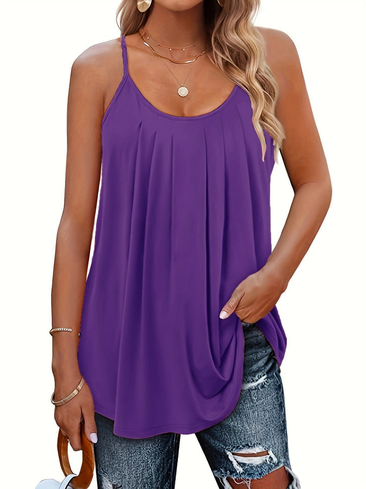 Women’s lightweight spaghetti-strap top, purple, scoop neck, pleated front, draped hem